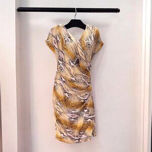Anne Klein Brown Tan Faux Wrap Animal Reptile Print V-Neck Dress 10